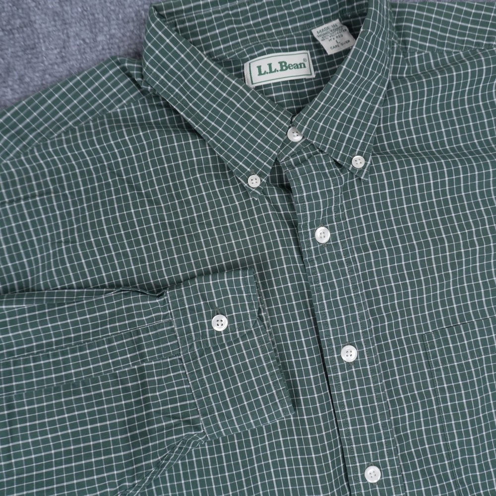L.L. Bean Button Down Shirt Mens Large Green Micro Check Plaid Long Sleeve L